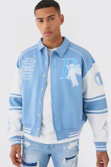 Boxy 13 Applique Jersey Varsity Harrington Jacket, Dusty Blue - M