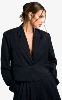 Boxy Cropped Blazer Met Geweven Schoudervulling, Navy - 36