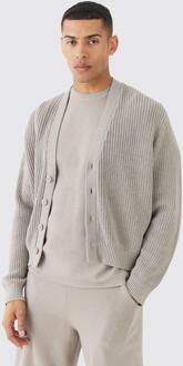 Boxy Fit Ribbed Fisherman Knit Cardigan, Light Grey - XL