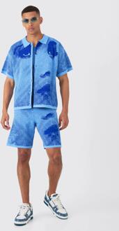 Boxy Line Drawing Knitted Shirt And Short Set, Blue - M