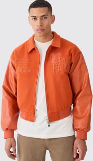 Boxy Melton & Pu Varsity Jacket Met Kraag, Burnt Orange - L