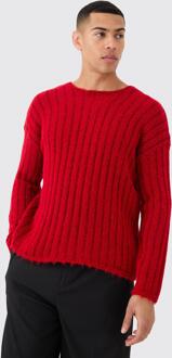 Boxy Open Stitch Ladder Detail Sweater In Red, Red - M