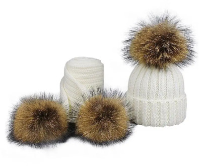 Boys and Girls Real Raccoon Fur Hat Set Winter Beanie Warm Knitted Bobble Nature Fur Pompom Children Hat and Scarf Suit,#5719