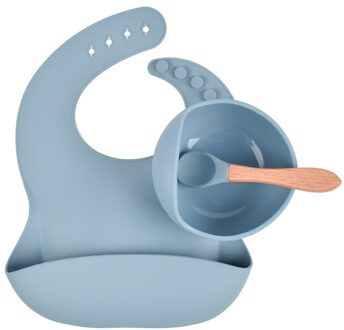 Bpa Gratis Baby Siliconen Servies Waterdichte Bib Flexibele Speeksel Handdoek Effen Kleur Sucker Kom En Lepel Voor Childre grijs blauw