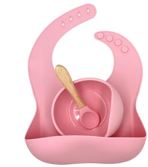 Bpa Gratis Baby Siliconen Servies Waterdichte Bib Flexibele Speeksel Handdoek Effen Kleur Sucker Kom En Lepel Voor Childre Roze