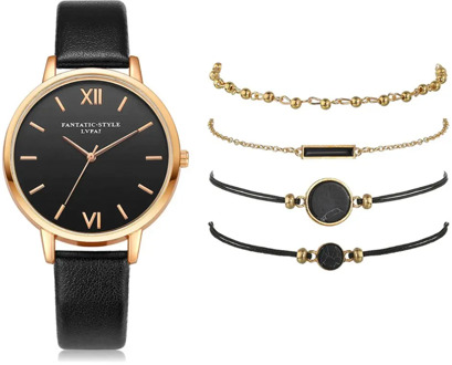 Bracelet Watches Set Female Black Quartz Watch Luxury Women Watch For Valentine's Gift Gold Bracelet Watch Jewelry Leather Strap