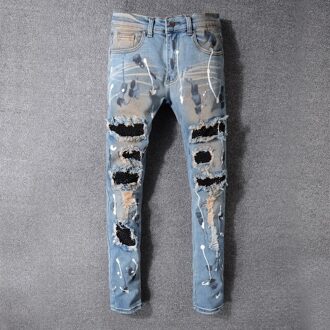 Brand Rhinstone Mannen Jeans Stretch Retro Geschilderd Skinny Katoen Denim Jeans Mannen Ripped Wassen Gat Gestapeld Jeans Big Size 38