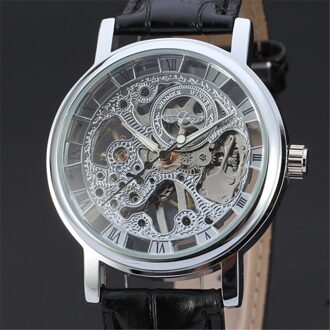 Brand Winner Casual Rvs Mannen Mechanische Horloge Skeleton Hand Wind Horloge Voor Mannen Dress Horloge zilver