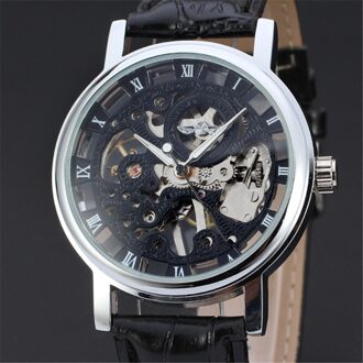 Brand Winner Casual Rvs Mannen Mechanische Horloge Skeleton Hand Wind Horloge Voor Mannen Dress Horloge zwart