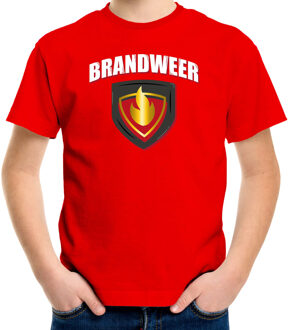 Brandweer met embleem verkleed t-shirt - carnaval - rood - kinderen S (122-128)