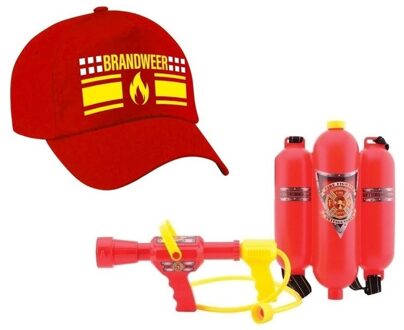 Brandweer met vlam carnaval pet met waterpistool brandblusser - Verkleedattributen Rood