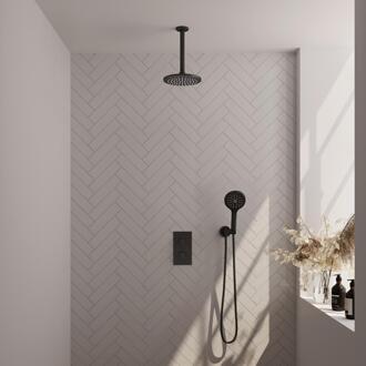 Brauer Black Carving Thermostatische Regendoucheset Inbouw - Hoofddouche 20 cm - 3 Weg - Handdouche 3 Standen - Doucheslang - Wandaansluitbocht - Mat Zwart