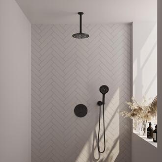 Brauer Black Carving Thermostatische Regendoucheset Inbouw - Hoofddouche 20 cm - 3 Weg - Handdouche Rond 3 Standen - Doucheslang - Wandaansluitbocht - Mat Zwart