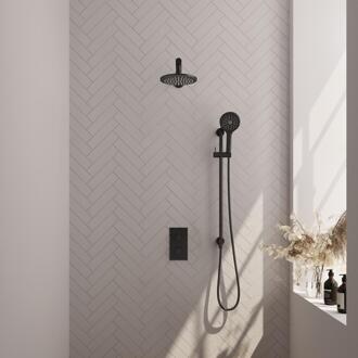 Brauer Black Carving Thermostatische Regendoucheset Inbouw - Hoofddouche 20 cm - Rechte Wandarm - 3 Weg - Handdouche 3 Standen - Doucheslang - Geintegreerde Glijstang - Mat Zwart