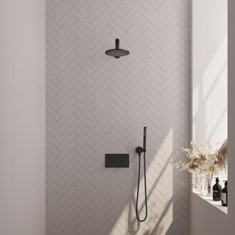 Brauer Black Carving Thermostatische Regendoucheset Inbouw - Hoofddouche 20 cm - Rechte Wandarm - Met Drukknoppen - Handdouche Staaf - Doucheslang - Wandaansluitbocht - Mat Zwart