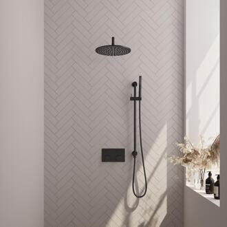Brauer Black Carving Thermostatische Regendoucheset Inbouw - Hoofddouche 30 cm - Gebogen Wandarm - Met Drukknoppen - Handdouche Staaf - Doucheslang - Geintegreerde Glijstang - Mat Zwart