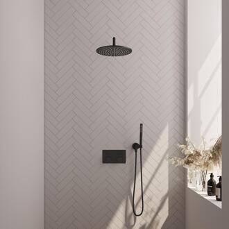 Brauer Black Carving Thermostatische Regendoucheset Inbouw - Hoofddouche 30 cm - Gebogen Wandarm - Met Drukknoppen - Handdouche Staaf - Doucheslang - Wandaansluitbocht - Mat Zwart