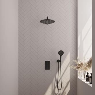 Brauer Black Carving Thermostatische Regendoucheset Inbouw - Hoofddouche 30 cm - Rechte Wandarm - 3 Weg - Handdouche 3 Standen - Doucheslang - Wandaansluitbocht - Mat Zwart