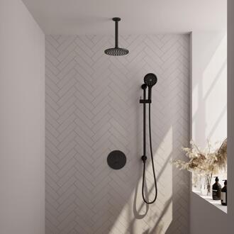 Brauer Black Edition Thermostatische Regendoucheset Inbouw - Hoofddouche 20 cm - 3 Weg - Handdouche Rond 3 Standen - Doucheslang - Geintegreerde Glijstang - Mat Zwart