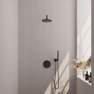 Brauer Black Edition Thermostatische Regendoucheset Inbouw - Hoofddouche 20 cm - Gebogen Wandarm - 3 Weg - Handdouche Rond - Doucheslang - Wandaansluitbocht - Mat Zwart
