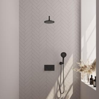 Brauer Black Edition Thermostatische Regendoucheset Inbouw - Hoofddouche 20 cm - Gebogen Wandarm - Met Drukknoppen - Handdouche 3 Standen - Doucheslang - Wandaansluitbocht - Mat Zwart