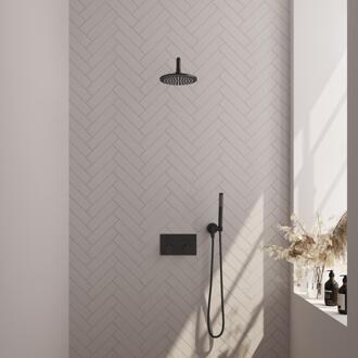 Brauer Black Edition Thermostatische Regendoucheset Inbouw - Hoofddouche 20 cm - Gebogen Wandarm - Met Drukknoppen - Handdouche Staaf - Doucheslang - Wandaansluitbocht - Mat Zwart