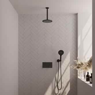 Brauer Black Edition Thermostatische Regendoucheset Inbouw - Hoofddouche 20 cm - Met Drukknoppen - Handdouche 3 Standen - Doucheslang - Wandaansluitbocht - Mat Zwart