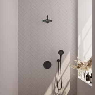 Brauer Black Edition Thermostatische Regendoucheset Inbouw - Hoofddouche 20 cm - Rechte Wandarm - 3 Weg - Handdouche Rond 3 Standen - Doucheslang - Wandaansluitbocht - Mat Zwart
