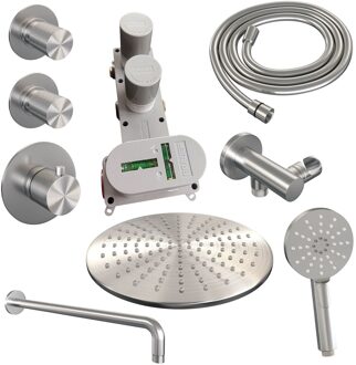 Brauer Brushed Carving Regendoucheset inbouw - hoofddouche 30cm - Wandarm - met inbouwdeel - Carving knoppen - handdouche Rond 3 standen - PVD - geborsteld RVS 5-NG-106 RVS geborsteld