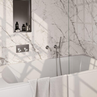 Brauer Brushed Carving thermostatische inbouw badkraan - drukknoppen SET 03 - uitloop - staaf handdouche - doucheslang - wandaansluitbocht - RVS geborsteld PVD 5-NG-214