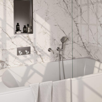 Brauer Brushed Carving thermostatische inbouw badkraan - drukknoppen SET 04 - uitloop - 3 standen handdouche - doucheslang - wandaansluitbocht - RVS geborsteld PVD 5-NG-215