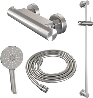 Brauer Brushed Edition Douchekraan opbouw - glijstang - 1 functie - 2 gladde knoppen - handdouche rond 3 standen - PVD - geborsteld - RVS 5-NG-236 RVS geborsteld