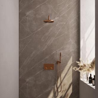 Brauer Copper Carving Thermostatische Regendoucheset Inbouw - Hoofddouche 20 cm - Gebogen Wandarm - Met Drukknoppen - Handdouche Staaf - Doucheslang - Wandaansluitbocht