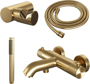 Brauer Gold Carving thermostatische badkraan met wandhouder en staafhanddouche geborsteld messing PVD