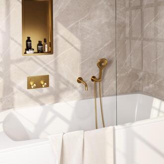 Brauer Gold Carving Thermostatische Inbouw Badkraan Drukknoppen - Uitloop - 3 stand - Doucheslang - Wandaansluitbocht - Handdouche - Goud Geborsteld Pvd