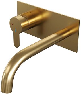 Brauer Gold Edition ColdStart wastafelkraan inbouw gebogen uitloop met achterplaat model D2 geborsteld messing PVD