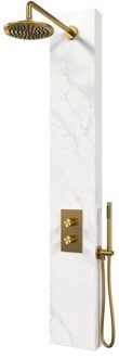 Brauer Gold Edition thermostatisch douchepaneel - 2 functies - calacatta gold SET 01 - 20cm hoofddouche - gebogen muurarm - staaf handdouche - wandaansluitbocht - doucheslang - goud geborsteld PVD 5-GG-154 Calacatta Gold geborsteld
