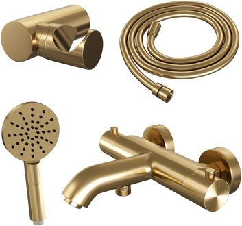 Brauer Gold Edition thermostatische badkraan met wandhouder en 3 standen handdouche geborsteld messing PVD