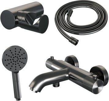 Brauer Gunmetal Carving Badkraan - douchegarnituur - handdouche rond 3 standen - carving knop - PVD - geborsteld gunmetal 5-GM-247 Gunmetal geborsteld PVD (antraciet)