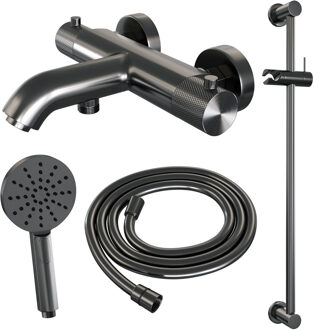 Brauer Gunmetal Carving thermostatische badkraan met glijstang en 3 standen handdouche gunmetal geborsteld PVD