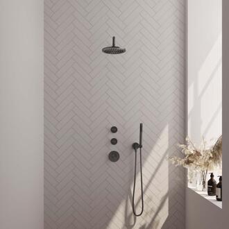Brauer Gunmetal Carving Thermostatische Regendoucheset Inbouw - Hoofddouche 20 cm - Gebogen Wandarm - Handdouche Staaf - Doucheslang - Wandaansluitbocht - Gunmetal
