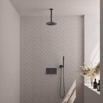 Brauer Gunmetal Carving Thermostatische Regendoucheset Inbouw - Hoofddouche 20 cm - Met Drukknoppen - Handdouche Staaf - Doucheslang - Wandaansluitbocht - Gunmetal