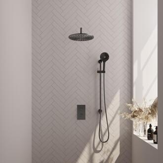 Brauer Gunmetal Carving Thermostatische Regendoucheset Inbouw - Hoofddouche 30 cm - Gebogen Wandarm - 3 Weg - Handdouche 3 Standen - Doucheslang - Geintegreerde Glijstang - Gunmetal