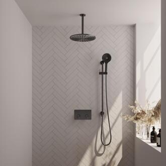 Brauer Gunmetal Carving Thermostatische Regendoucheset Inbouw - Hoofddouche 30 cm - Met Drukknoppen - Handdouche 3 Standen - Doucheslang - Geintegreerde Glijstang - Gunmetal