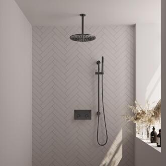 Brauer Gunmetal Carving Thermostatische Regendoucheset Inbouw - Hoofddouche 30 cm - Met Drukknoppen - Handdouche Staaf - Doucheslang - Geintegreerde Glijstang - Gunmetal