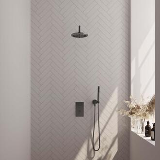 Brauer Gunmetal Edition Thermostatische Regendoucheset Inbouw - Hoofddouche 20 cm - Gebogen Wandarm - 3 Weg - Handdouche Staaf - Doucheslang - Wandaansluitbocht - Gunmetal