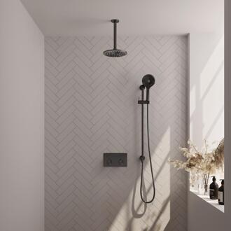 Brauer Gunmetal Edition Thermostatische Regendoucheset Inbouw - Hoofddouche 20 cm - Met Drukknoppen - Handdouche 3 Standen - Doucheslang - Geintegreerde Glijstang - Gunmetal