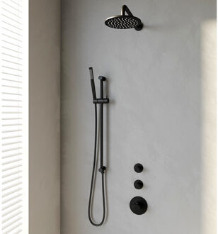 Brauer Inbouw Regendouche Set Brauer Black Edition Gebogen Wanduitloop Ronde Hoofddouche 20 cm Met Twee Stopkranen en Glijstang Mat Zwart
