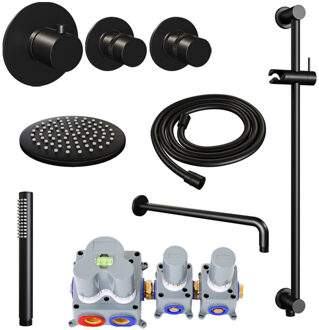 Brauer Inbouw Regendouche Set Brauer Black Edition Gebogen Wanduitloop Ronde Hoofddouche 20 cm Met Twee Stopkranen en Glijstang Mat Zwart