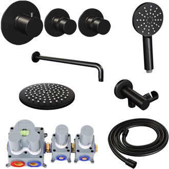 Brauer Inbouw Regendouche Set Brauer Black Edition Gebogen Wanduitloop Ronde Hoofddouche 20 cm Met Twee Stopkranen en Handdouche 3 Standen Mat Zwart
